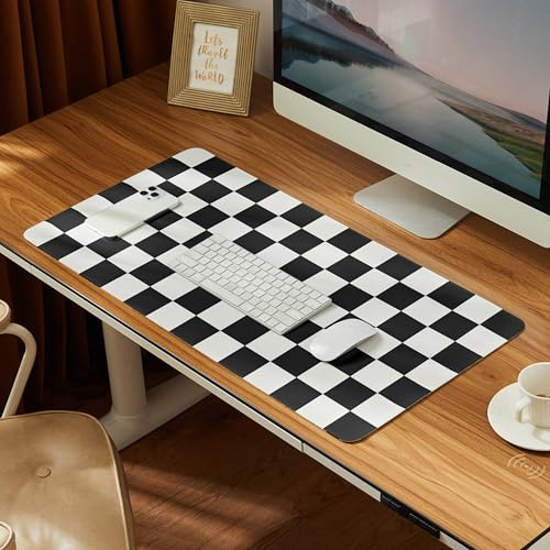 Ohocut Karierte Schreibtischunterlage, 80 x 39,9 cm, groß, niedlich, schwarz-weiß, ästhetisches Retro-Zubehör, PU-Leder Computer-Laptop-Schreibtischunterlage Maus-Tastatur-Pad