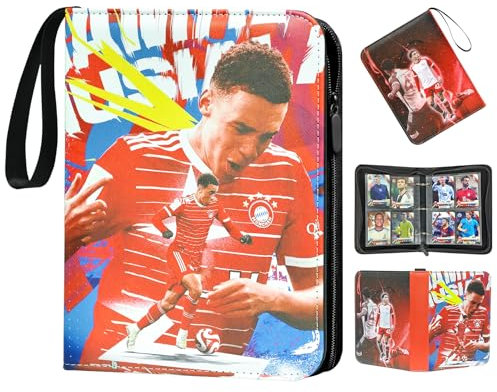 Oirigaga Fußball Karten Sammelalbum, 4 Taschen Fussball Sammelkarten Album mit Reißverschluss Tragegriff, 50 Seiten für 400 Karten, Wasserdicht PU-Leder Heft Ordner Sammelmappe Sammelheft Sammelbuch
