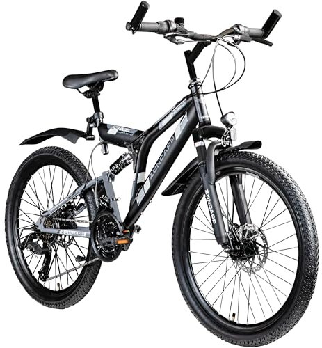 ZÜNDAPP Blue 5.0 Mountainbike Fully 24 Zoll Fahrrad 130-150cm MTB ab 8 Jahre 21 Gang Trailbike Scheibenbremsen Jugendfahrrad (schwarz/grau, 43 cm)