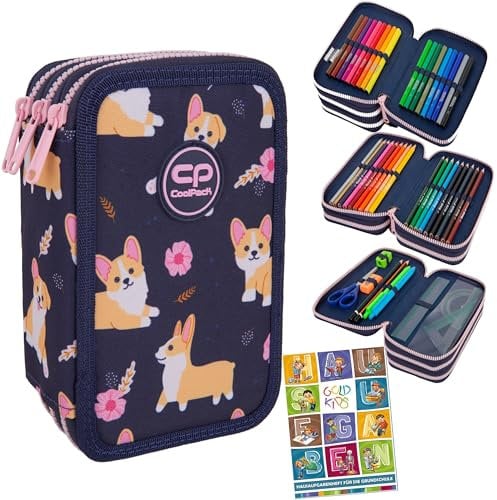 Goldkids - Federmäppchen 3 Fächer - Mäppchen für Mädchen und Jungen - Federmappe 3-Fach Federtasche Gefüllte Schüleretui Schulmäppchen und Hausaufgabenheft - Hund Motiv