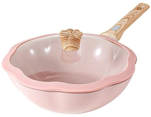 Woks & Stir-Fry Pans 11.8 Inch Nonstick Wok and Stir Fry Pan With Lid, Flower Shape Scratch Resistant Flat Bottom Nonstick Wok, Granite Stone Coating Deep Frying Pan with Free-standing Lid, for All St