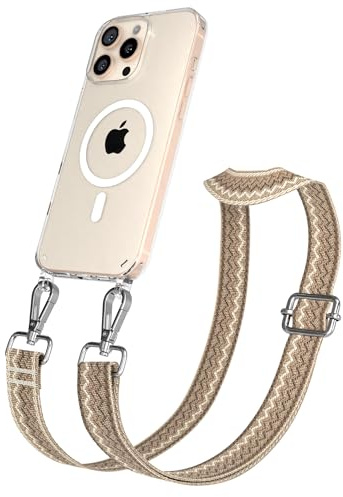 EAZY CASE Handykette - Verstellbares Taschenband kompatibel mit iPhone 16 Pro Max, Schulterriemen, Handykordel mit Silikon Hülle, Qi Charging kompatibel, Umhängetasche, Hell Braun Braun Silber
