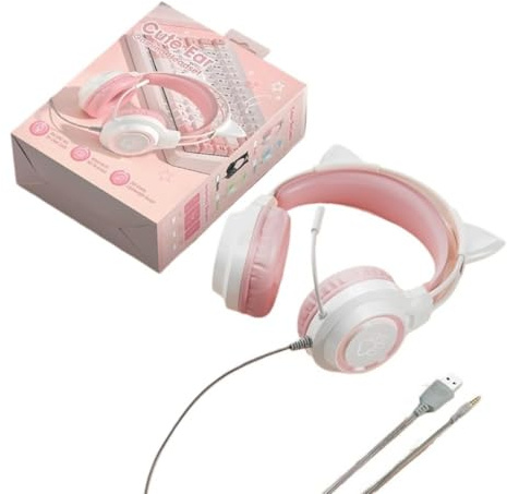 Rocky Green MEOW Series Gaming Headset with LED Cat Ears - Detachable Design, Crystal-Clear Communication, Multi-Platform Compatibility for PC/Switch/Tablet (Pink)