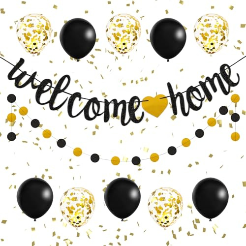 lakigoes Willkommen Zuhause Deko Set – Welcome Home Party Deko Schwarz Gold mit Banner, Wimpelkette, Papiergirlande & Luftballons für Welcome Back Feier, Familienzusammenkunft & Heimkehr Party