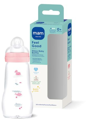 MAM Feel Good Glasflasche 260 ml, 94% Akzeptanz, Sauger Gr. 1, Schwan | Babyflasche aus Premiumglas, hitzebeständig & geschmacksneutral, SkinSoft Sauger fast wie beim Stillen, weite Öffnung