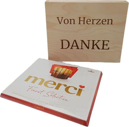 Holz Geschenkbox mit Gravur,Von Herzen Danke - Personalisierte Geschenkbox mit Merci Schokolade - Nachhaltige Danksagung Geschenkidee für Kollegen, Freunde & Familie