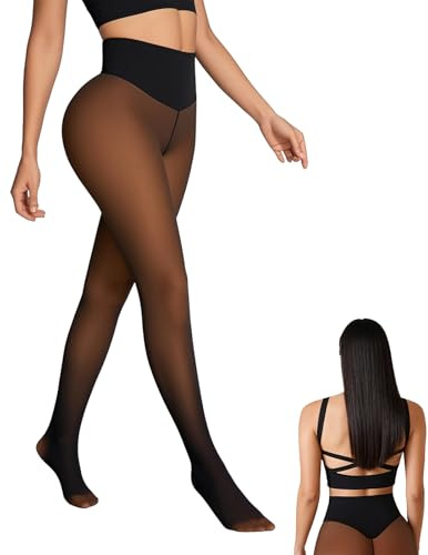 One-Seam Translucent Fleece Lined Tights, New Compression Band Model Thermal Tight For Women, Magic Bare-Leg Fleece Leggings, High Waisted With Tummy Control & Butt Lifting Design (XS, Bronze)
