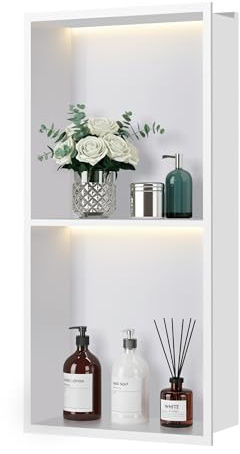 FTL White Stainless Steel Shower Niche with LED Light 30x60cm,Recessed Niche for Shower Wall with 3000K Non-Dimmable LED Strip Light,Two Layers Lighted Bathroom Wall Niche No Tile Needed