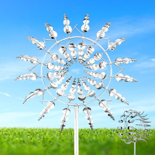 Moulin a Vent Jardin Exterieur, Moulin à Vent Cinétique 3D Unique et Magique en Métal Inoxydable, Moulin à Vent Magique pour Cour, Pelouse, Terrasse, Jardin, Sculptures Cinétiques (Silver)