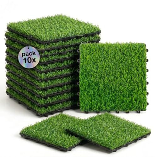 Losetas Jardin Exterior de Césped Artificial 30x30cm (Pack 10) – Cesped Para Jardín, Terraza y Patio – Suelo Verde con Drenaje e Instalación Fácil Para Balcón, Piscina y Espacios Al Aire Libre