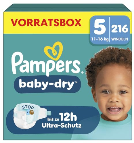 Pampers Baby-Dry Größe 5, 216 Windeln, 11kg-16kg | Bis zu 100% Auslaufschutz & Komfort die ganze Nacht
