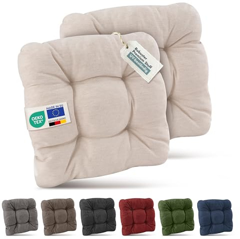 Beautissu 2er Set Premium Stuhlkissen UV-beständig Robust für Balkonstühle | 40x40cm Natur 8cm dick Sitzkissen Outdoor Polster Gartenstuhl Sitzpolster Stuhl Kissen Indoor Sitzauflage HighLux SK