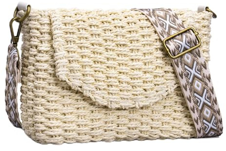 Toptime Straw Bag for Women, Small Summer Crossbody Bag with Zipper, Handmade Woven Boho Shoulder Bags with Adjustable Wide Strap, Stylish Beach Straw Handbag for Holiday Travel Vacation Shopping