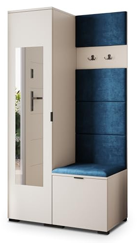Masseno Flugarderoben Set VIRA, Kleiderschrank-Set mit Spiegel und Sitzbank, Garderobenschrank Flur mit 3 Regalböden, Kaschmir