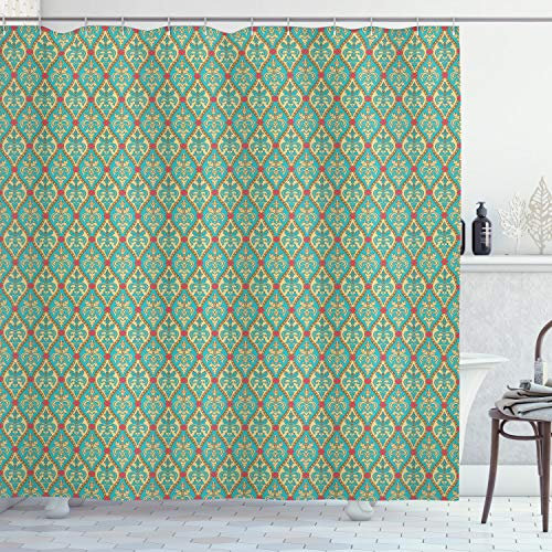 ABAKUHAUS Turquoise Rideau de Douche, Feuillage Vintage Feuille, Tissu Ensemble de Décor de Salle de Bain avec Crochets, 175 cm x 180 cm, Bleu Tan Rose