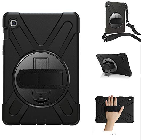 FONREST Coque robuste pour Samsung Galaxy Tab S5e 10.5 (T720/T725), coque hybride résistante aux chocs avec poignée rotative à 360°, béquille, bandoulière, PC + silicone anti-chute (Noir)