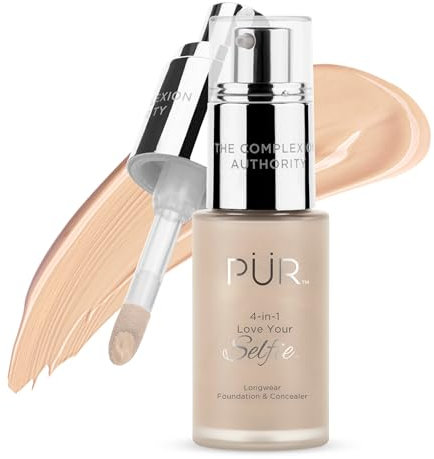 PUR Cosmetics 4-in-1 Love Your Selfie Longwear Foundation and Concealer - Unique, Dual-Applicator Component - Covers Blemishes and Imperfection - Reduce Fine Lines and Wrinkles - MN3-1 oz Makeup
