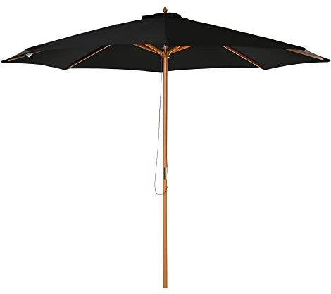 Outsunny Parasol terrasse extérieur Ø300 cm Parasol de jardin avec système de poulie toit ventilé et poteau amovible en bois pour patio terrasse, Noir , 300x300x250 cm