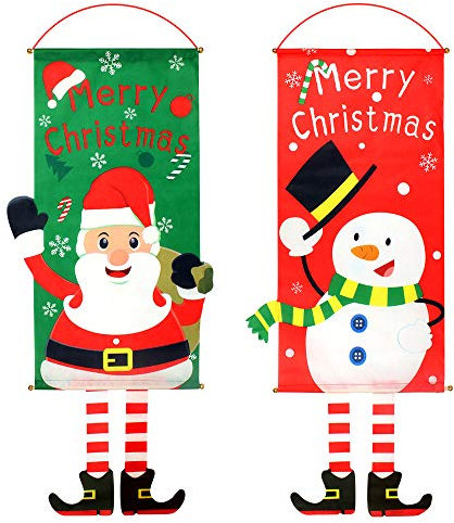Dadabig 2Pcs Bandera Colgante de Navidad Decoración, Bandera de Navidad para Pared 40 * 80cm Colgantes Navideños para Puertas, Bandera Colgante de Papá Noel para Pared Puerta y Ventana (Rojo y verde)