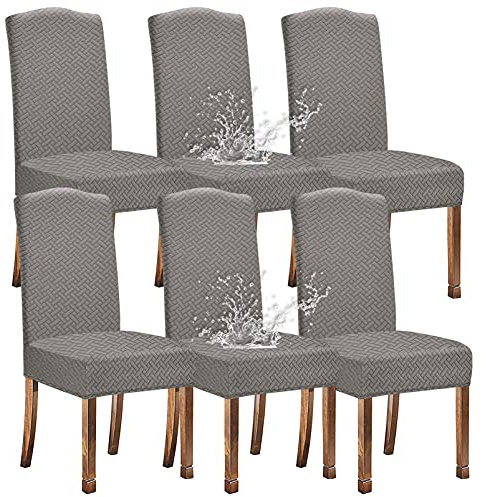 KELUINA Stretch wasserdichte Jacquard mit langem Gitter Esszimmer Stuhlhussen Home Decor, Stuhlhussen für Esszimmerstühle(Hellgrau,6 Stück)