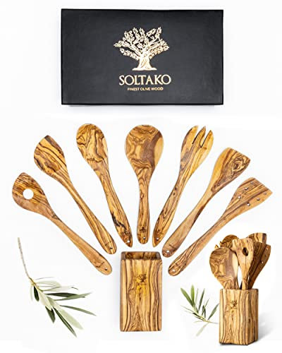 SOLTAKO Utensilios de cocina con soporte, juego de 7 cucharas de cocina, espátulas, paletas, cucharas, servidor de ensalada de madera de olivo crudo, 30cm