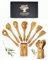 SOLTAKO Utensilios de cocina con soporte, juego de 7 cucharas de cocina, espátulas, paletas, cucharas, servidor de ensalada de madera de olivo crudo, 30cm