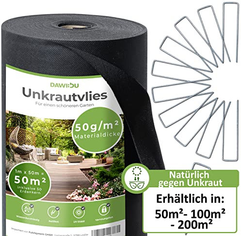 DAWIDU Gartenvlies Unkrautvlies 50g/m2 [50m²] inkl. 50 Erdanker Set - verzinkt - Natürlich gegen Unkraut - Anti Unkrautfolie & Gartenvlies wasserdurchlässig, UV stabil & reißfest