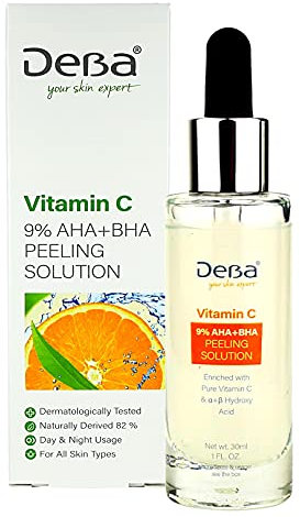 DeBa Peeling-Lösung, 9% AHA + BHA, Vitamin C | Gesichtspeeling gegen unreine Haut - Entfernt effektiv Mitesser und Pickel - 30 ml
