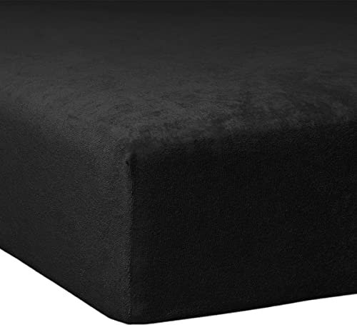TRAUMSCHLAF weiches, elastisches Flausch Biber Boxspring Matratzen Spannbettlaken mit Rundumgummi, Größen 140x200 cm - 160x200 cm, schwarz