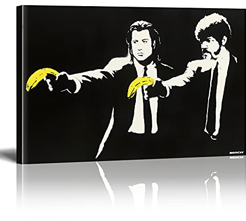 Banksy Bilder auf Leinwand Druck Pulp Fiction Graffiti Street Art Wand Bild Pop Art Gemälde Kunstdruck Modern Wandbilder XXL Wanddekoration (Mit Rahmen, 140x80cm)