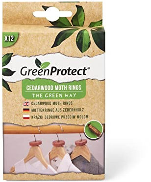 Green Protect Cedarwood Moth Rings - Wardrobe Rings Made of eco-Conscious Cedar Wood - Moth Repellent Hangers - Kid-and-Pet-Safe Moth/Insect Repellent for Storage Drawers and More - Pack of 12