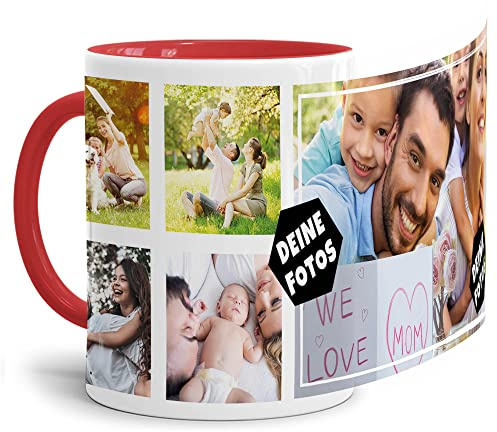 Foto-Tasse zum selbst gestalten mit Foto-Collage für 5 Wunschfotos - Geschenk für Familie, Freunde, Geburtstag, Weihnachten - Keramik Innen & Henkel Rot, 300 ml I Personalisiert