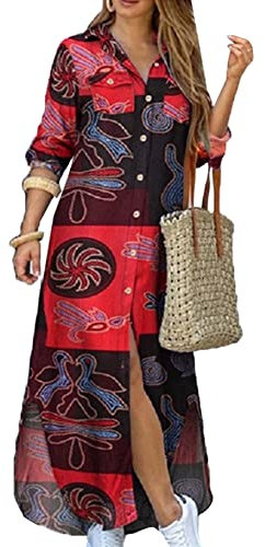 YMING Femme Robe Chemisier à Carreaux Robe à Manches Longues Boutons en Dessous Robes Longues Rouge M