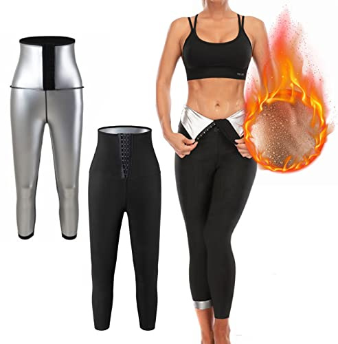 Hotfiary Sauna Leggings Pants Shorts for Women, High Waisted Sauna Sweat Pants, Slimming Waist Trainer Trimmer Body Shaper, Compression Tummy Control Thermo Running Gym Workout Sauna Suit Weight Loss