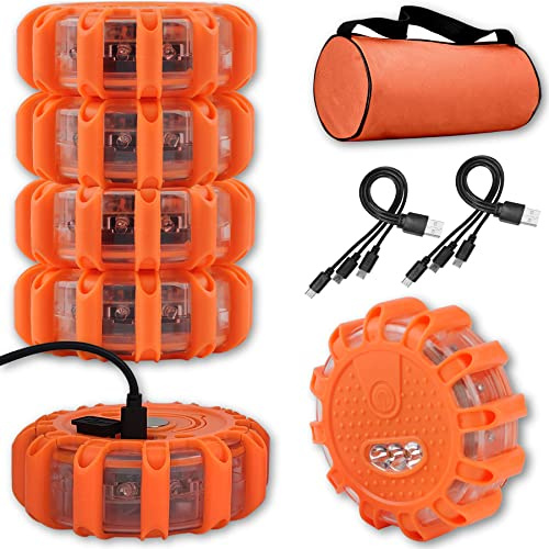 Ecoangel USB Rechargeable LED Road Flares Emergency Lights-Roadside Warning Car Safety Beacon Flashing Disc Flare Kit with Magnetic Base for Vehicles & Boat | 6 Beacon Disc Pack