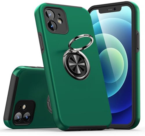 KRAFTCARE Case Compatible for iPhone 12 with Kickstand Ring and Screen Protector, Shockproof and Anti Scratch Magnetic Built-in Ring Stand Case Compatible for iPhone 12 - Dark Green