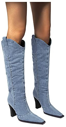 Stivali Alti Donna Morbidi con Tacco Vintage Stivaletti Invernali Pelle Sopra il Ginocchio Curvy Stivali Cowboy Sexy Caldo Camoscio Anfibi Western Boots Elasticizzati Larghi