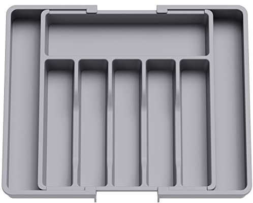 Lifewit Range Couverts, Plateau d'Ustensiles Extensible pour Tiroir, Organisateur de Tiroir Réglable pour la Cuisine, Rangement Compact en Plastique pour contenir des Cuillères, Fourchettes, Gris