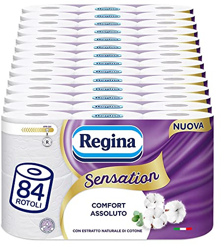 Regina Sensation Toilet Paper | Pack of 84 3 Ply Rolls, 160 Tears per Roll | Absolute Comfort with Natural Cotton Extract | Maxi Sheets | 100% FSC® Certified Paper