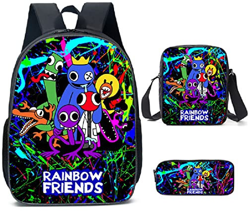 Regenbogen Kinder Freunde Rucksack Student Büchertasche Schultasche 3 Stück für Jungen Mädchen Spiel Fans Geschenke, Farbe 1, M