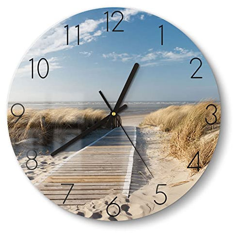 DEQORI Glasuhr | rund Ø 30 cm | Motiv Strandaufgang am Meer | ausgefallene leise Design Uhr aus Glas | Wanduhr für Wohnzimmer & Küche | Moderne Hingucker Uhr für die Wand