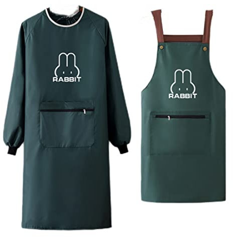 NAN Wind Women Kitchen Apron with Big Pockets,Chef Long Sleeves Waterproof Apron for Cooking Baking Cleaning Work, Green, Large
