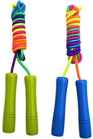 Homello Verstellbare Springseil für Kinder, Springen Seil mit Holzgriff und Regenbogen-Springseil, ideal für Fitness Training/Spiel/Fett Brennen Übung - 200cm (Blau + Hellgrün, 2 Stück)