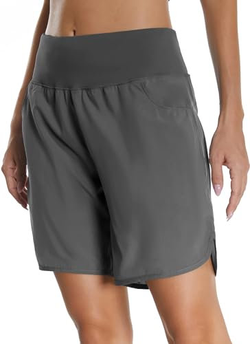 Mesing Sporthose Damen Kurz Laufhose High Waist Sport Shorts Atmungsaktiv Fitness Kurze Hose mit Innenslip und Reißverschlusstasche DK3095W-Grey1-L