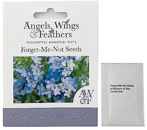 Memorial Forget Me Not Seeds – Seed Envelopes with 1000 Seeds – Sentimental Forget Me Not Gifts – Blooming Blue Flowers – Indoor or Outdoor Plants – Angels Wings & Feathers