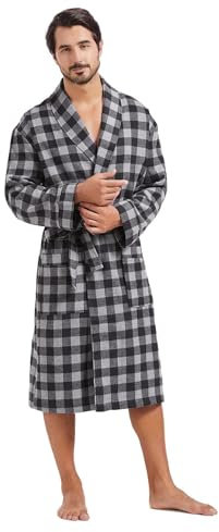 FashGudim Bademantel Herren Baumwolle Leicht Dünn Kurz Morgenmantel Herren Kariert Sommer Schalkragen Schottenmuster (Schwarz & Grau, XXXL)