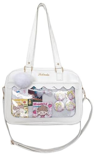 Ita Bag Crossbody Tragetasche Kawaii Niedliche Pin Display Tasche Messenger Japanisch Transparent Klar Schultertaschen, Weiß+Pelz Ball