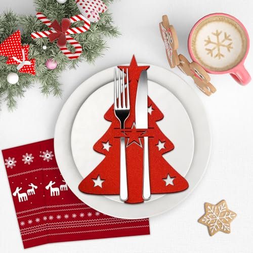 12Stück Besteckhalter Weihnachten Filz Tannenbaum Rot + 20Stück Weihnachten Servietten Rentier Schneeflocken, Tischdeko Weihnachten, Weihnachtsbaum Bestecktaschen für Weihnachtstischdekoration Party