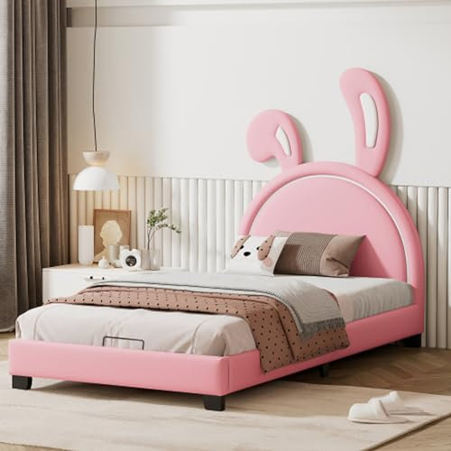 Letto Per Bambini 90x200 Letto Imbottito Con Reti A Doghe Schienale Per Ragazze A Forma Di Orecchie Di Coniglio Con Piedini Rialzati Per Giovani Letti Singolo Per Gli Ospiti Per Camera Da Letto Rosa