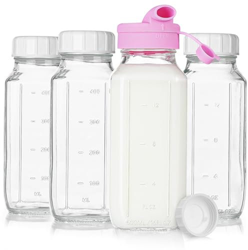 4 Pack 16 Oz Square Glass Milk Bottle with A Silicone Dispenser Cap, Glass Juice Bottles with Airtight Screw Lid, Reusable Drinking Bottles with Capacity Marks, Breastmilk Storage Container